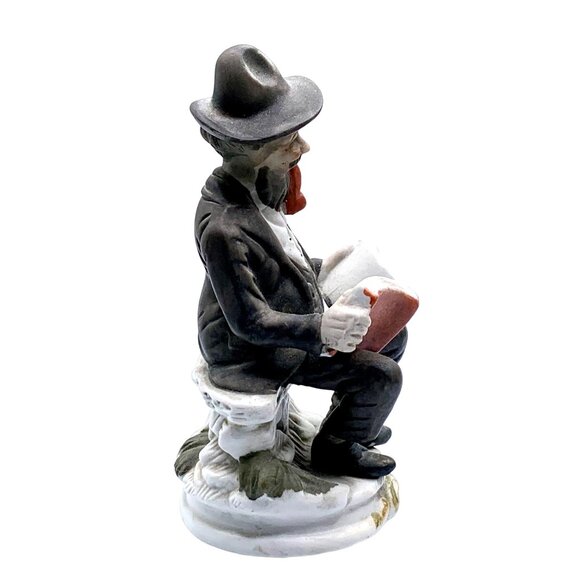Vintage Bisque Figurine Of Old Man With Pipe Hat Reading Book Sitting on Bench - Picture 6 of 11